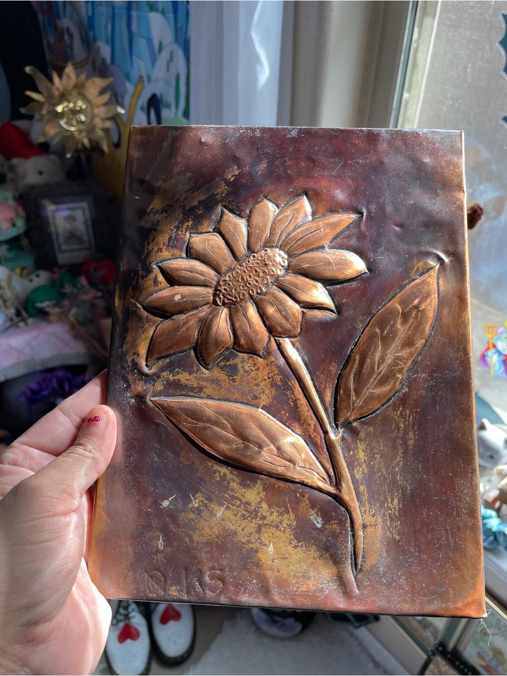 Vintage handmade signed bronze copper emboss 3D sunflower Art decor art